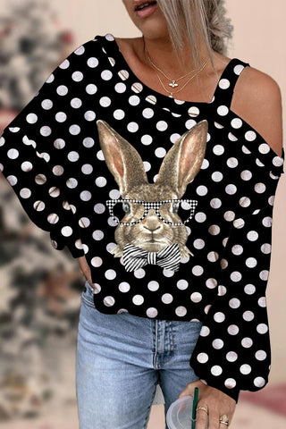 Casual Easter Bunny Rabbit With Black And White Plaid Print Off-Shoulder Blouse
