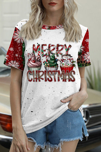 Merry Christmas Cupcakes Snowman Snowflake Leopard Print T-Shirt