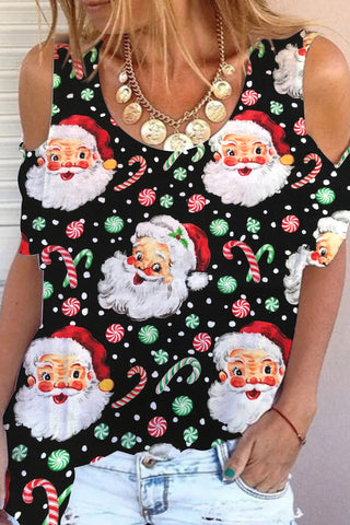 Retro Vintage Jolly Santa Claus Print Cold Shoulder T-Shirt