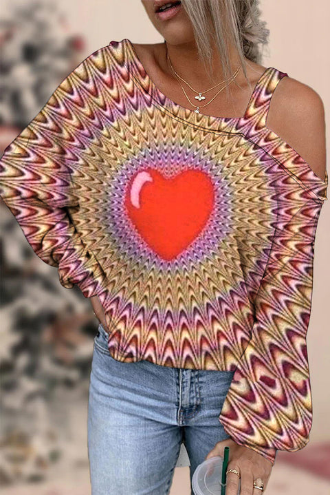 Hearts Apparent Movement Retro Print Off-shoulder Blouse