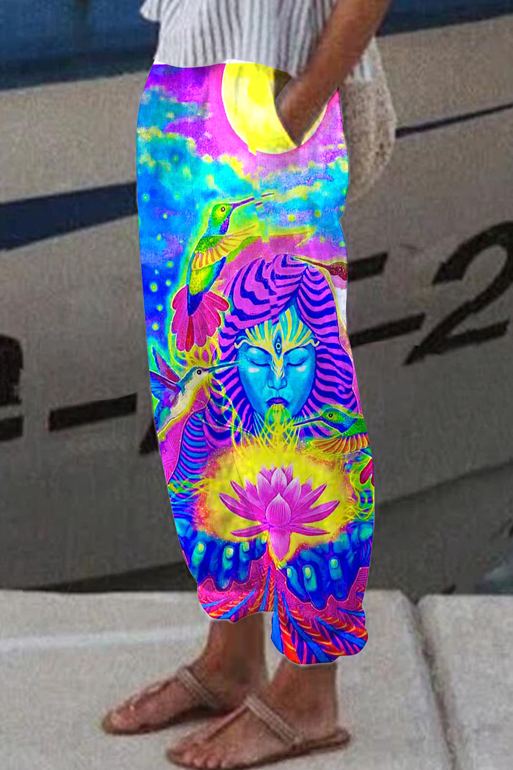 Retro Hippie Art Goddess Tie Dye Print Loose Pockets Pants