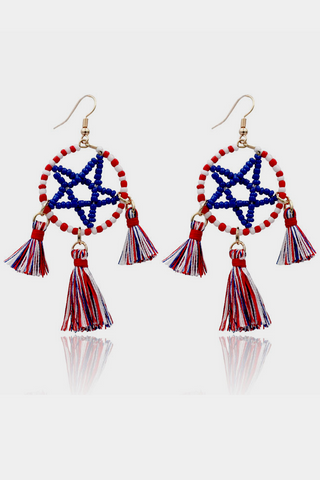 Handmade Rice Beads Flag Tassel Pentagon Earrings