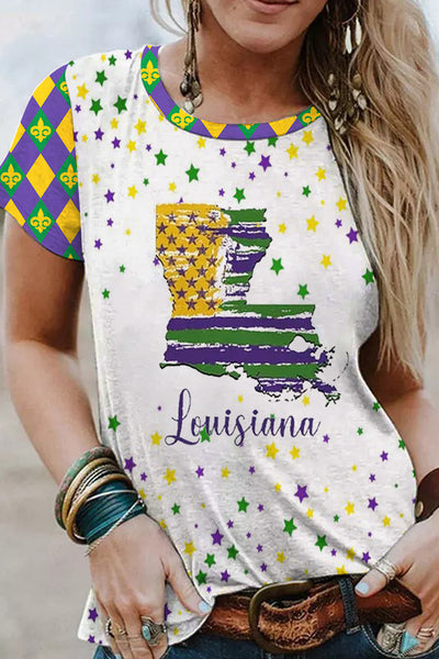 Vintage Mardi Gras Louisiana Fleur De Lis Plaid Print T-Shirt