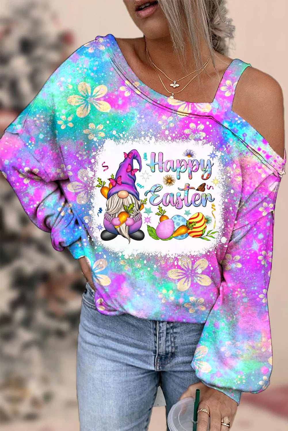 Rainforest Flowers Galaxy Happy Easter Gnomes With Bunny Ears Printed Off Shoulder Blouse
