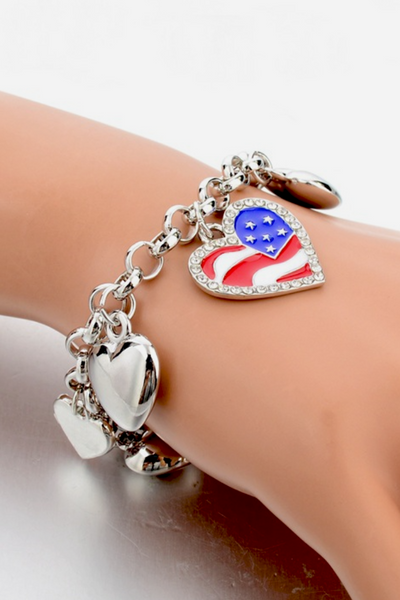 Alloy American Flag Heart Charm Bracelet
