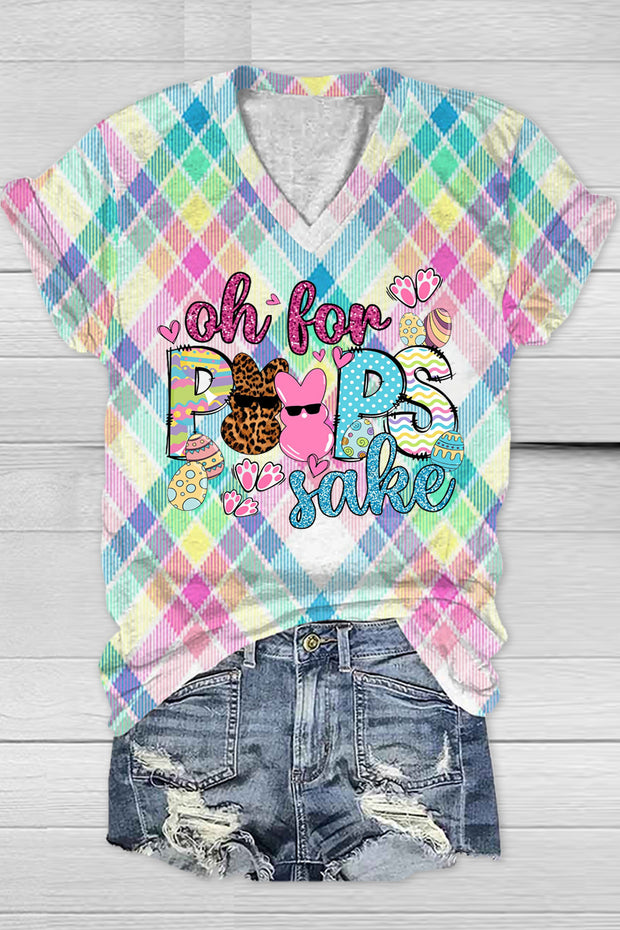 Oh For Peeps Sake Funny Easter Bunny Macarons Plaid Print V-neck T-shirt