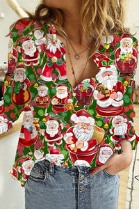 Retro Vintage Christmas Red Santa Claus Print Long Sleeve Shirt