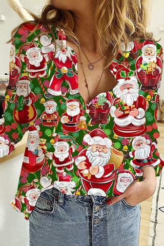 Retro Vintage Christmas Red Santa Claus Print Long Sleeve Shirt