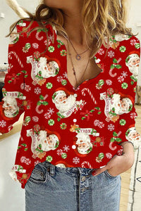 Retro Vintage Red Santa Claus Print Long Sleeve Shirt