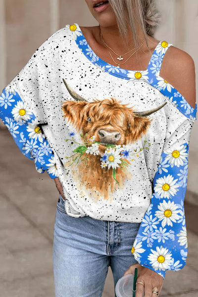 Daisy Floral Highland Cow Spring Print Off Shoulder Blouse