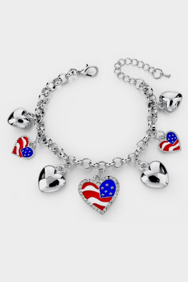 Alloy American Flag Heart Charm Bracelet