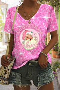 Rosa T-Shirt mit V-Ausschnitt und Weihnachtsmann-Print