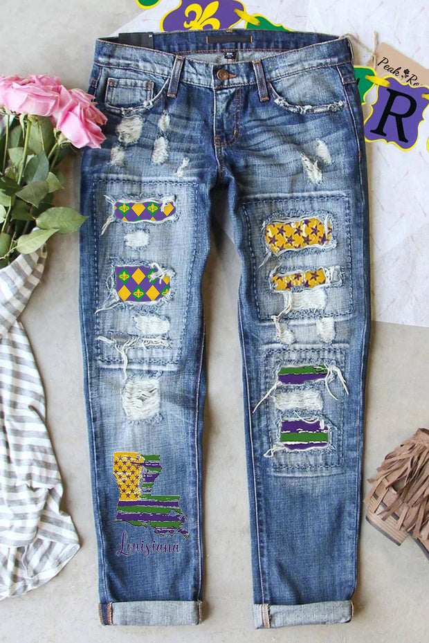 Vintage Mardi Gras Louisiana Fleur De Lis Plaid Print Ripped Jeans