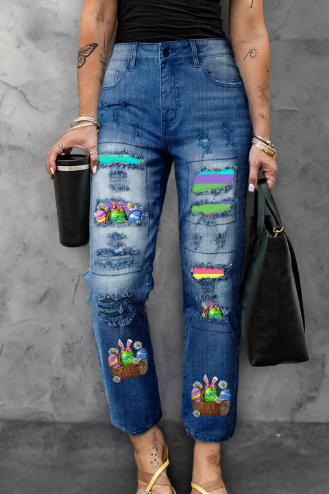 Happy Easter Day Colorful Eggs Stripe Ripped Denim Jeans