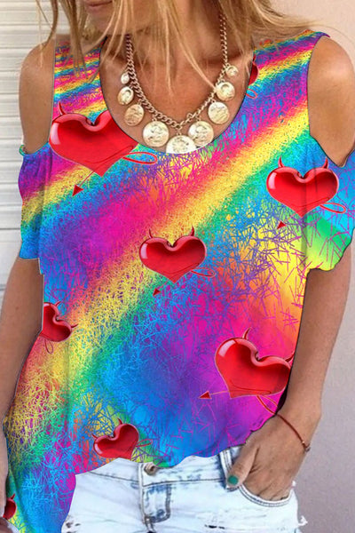 Glitter Rainbow Love Print Cold Shoulder T-Shirt