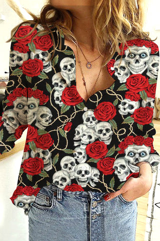 Skeleton Rose Print Long Sleeve Shirt