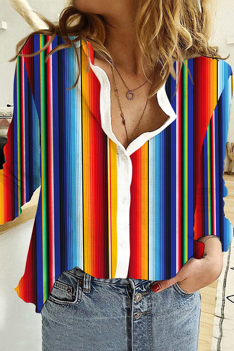 Cinco De Mayo Mexican Western Striped Print Casual Long Sleeve Shirt