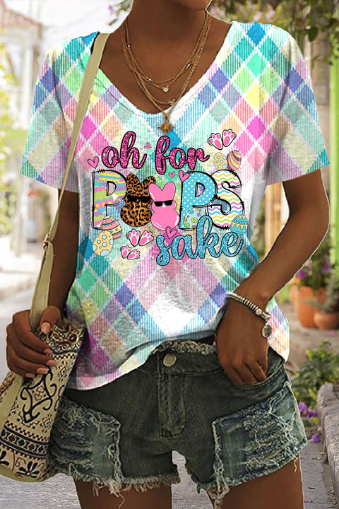 Oh For Peeps Sake Funny Easter Bunny Macarons Plaid Print V-neck T-shirt