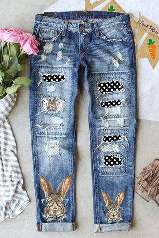 Casual Easter Bunny Rabbit With Black And White Plaid Print Ripped Denim Jeans