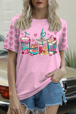 Love Coffee Cups Pink Heart Print T-Shirt