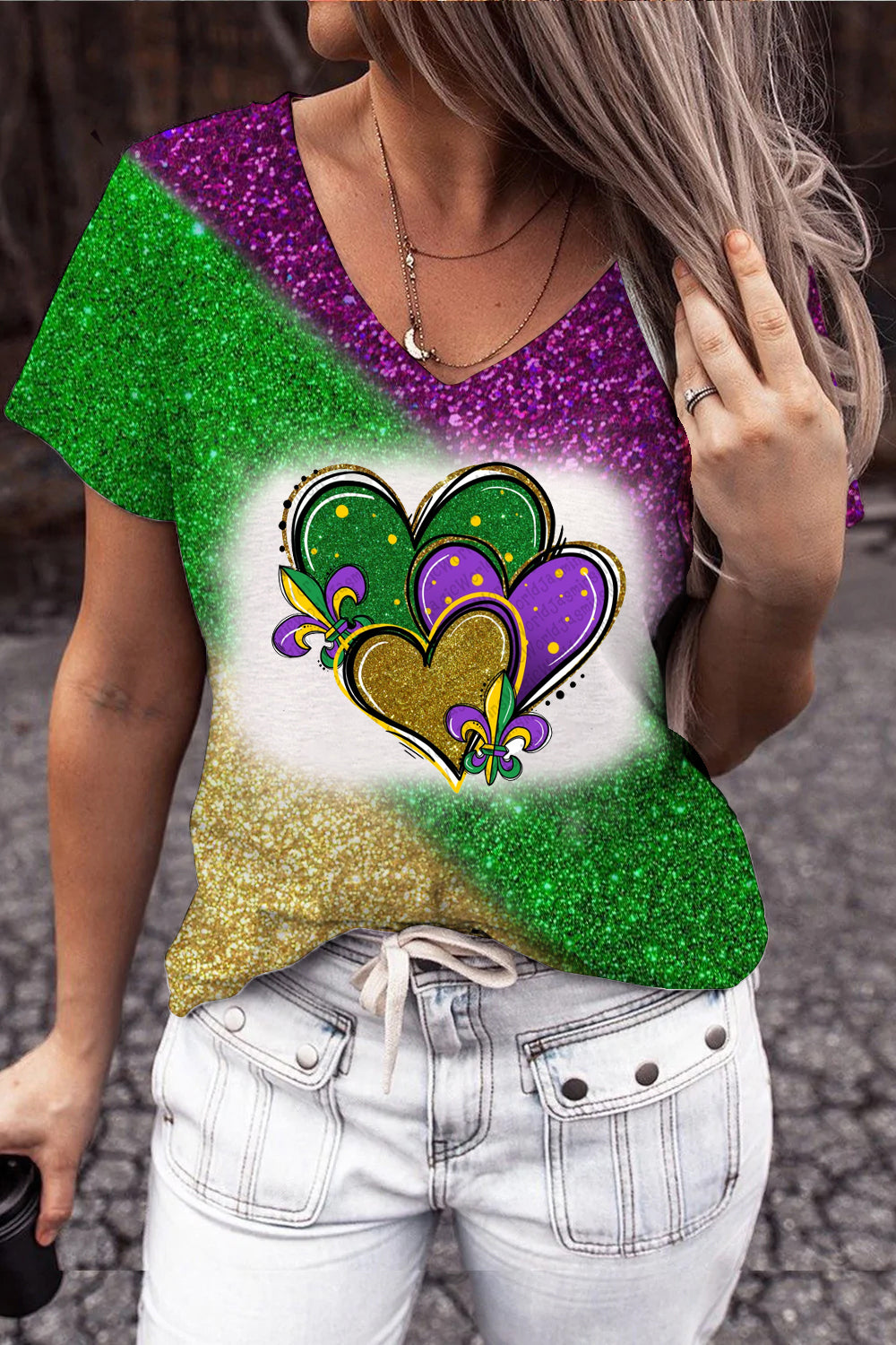 Mardi Gras Glitter Hearts Print Tie Dye Bleached Short-sleeved T-shirt