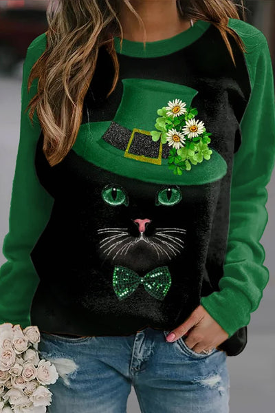 Cat Clover St. Patrick's Day Kitty Print Sweatshirt