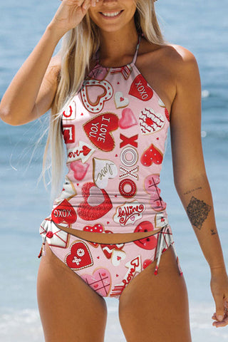 Pink Love Print Bikini Swimsuit