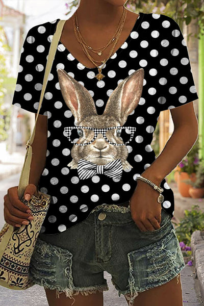 Casual Easter Bunny Rabbit With Black And White Plaid Print V Neck Short Sleeve T-shirt