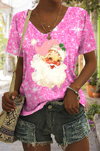 Rosa T-Shirt mit V-Ausschnitt und Weihnachtsmann-Print