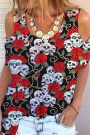 Skeleton Rose Print Cold Shoulder T-shirt