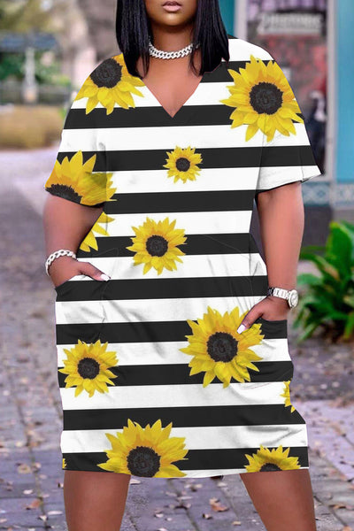 Sunflowers Striped Print Plus-Size Dress With Pockets