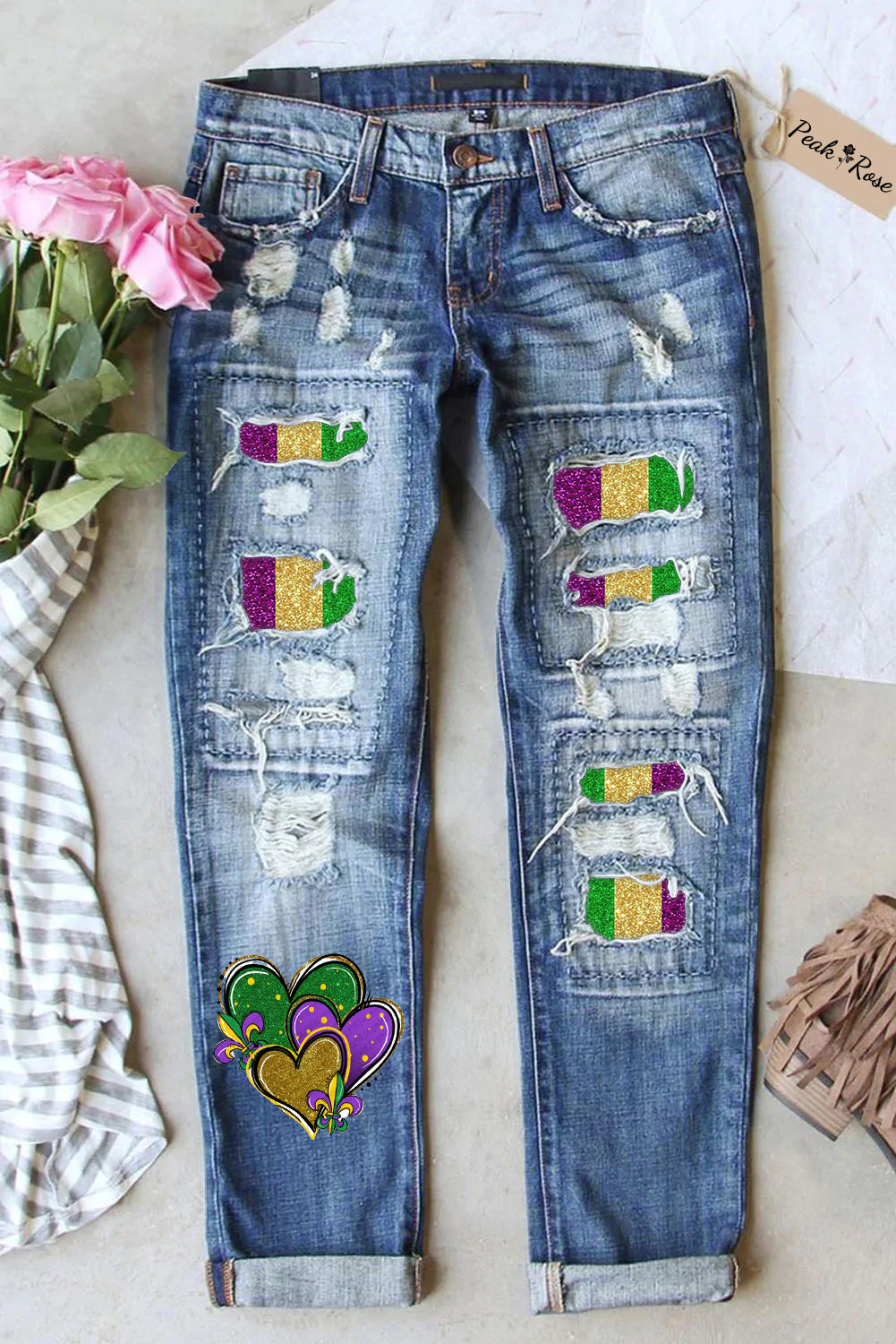 Mardi Gras Glitter Hearts Print Tie Dye Bleached Ripped Jeans