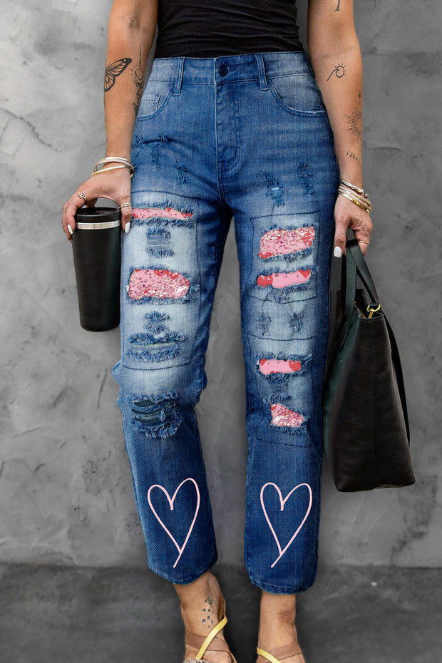 Pink Glitter Love Heart-Shaped Ripped Denim Jeans