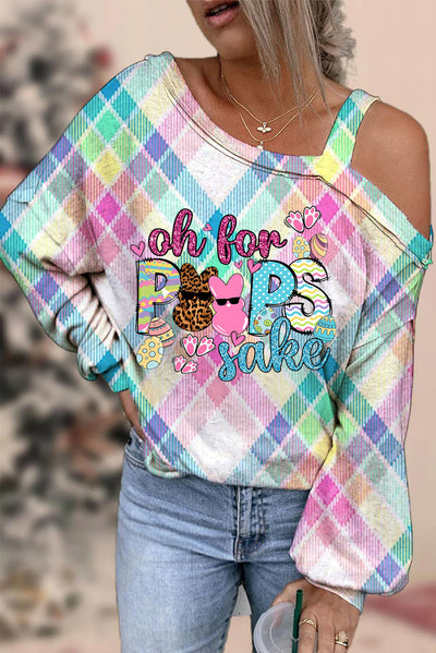 Oh For Peeps Sake Funny Easter Bunny Macarons Plaid Print Off-Shoulder Blouse