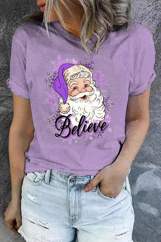 Purple Christmas Santa Believe Print T-Shirt