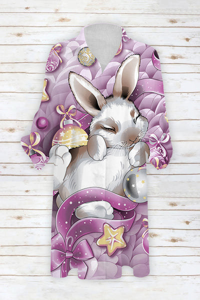 Purple Floating Ribbon Egg Cute Cartoon Rabbit Patch Front Pockets Shirt