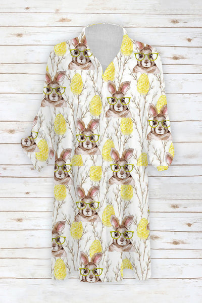 Cute Easter Bunny With Glasses In Easter Eggs Forest Printed Patch Front Pockets Shirt