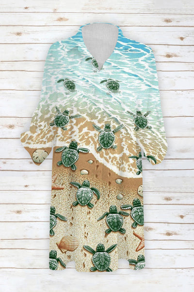 Travel Day Ocean World Beach Sea Turtle And Conch Printed Patch Front Pockets Shirt