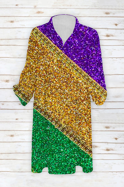 Retro Mardi Gras Carnival Purple Green And Gold Color Block Glitz Print Patch Front Pockets Shirt