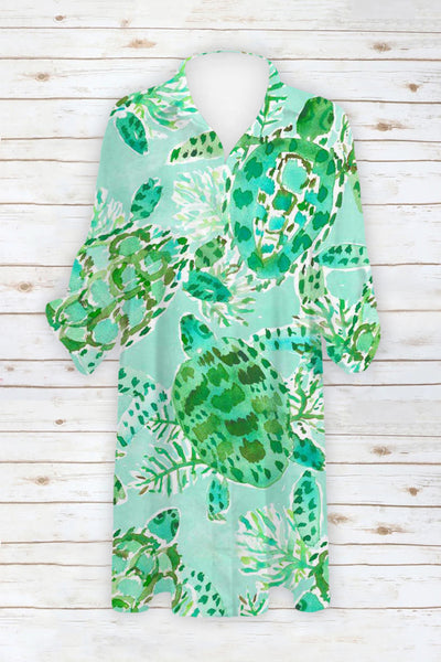 Beach Green Sea Turtle Patch Front Pockets Shirt