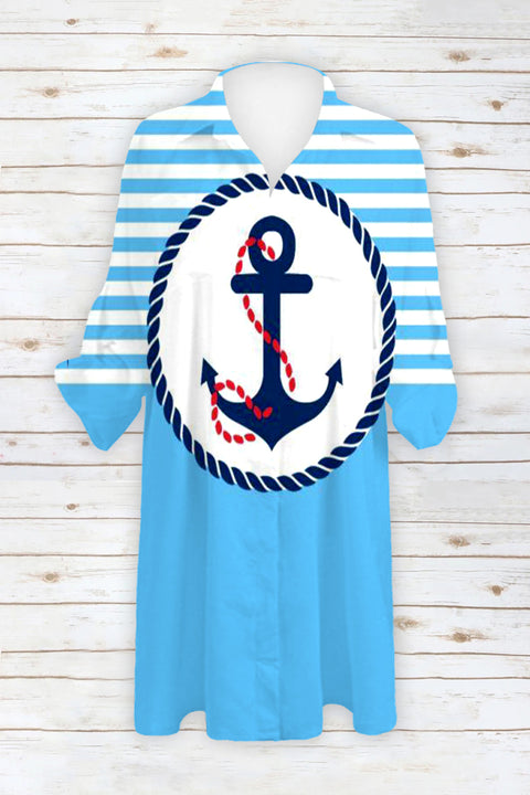 Beach Stripe Anchor Patch Front Pockets Shirt