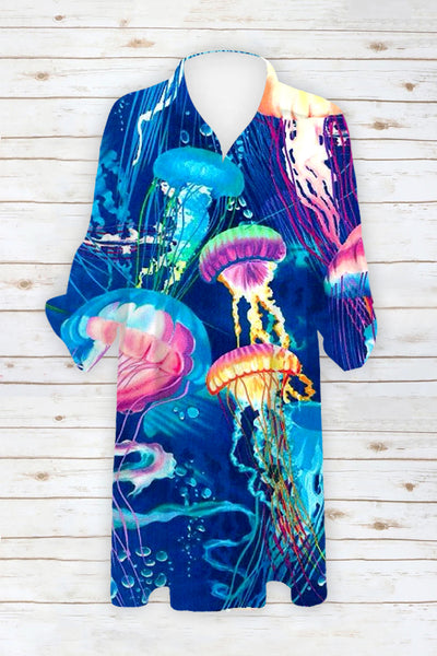 Beach Colorful Jellyfish Patch Front Pockets Shirt