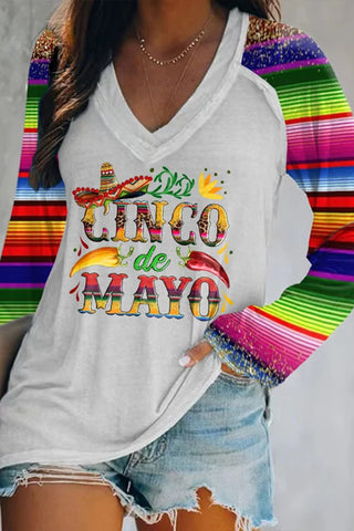 Cinco De Mayo With Sombrero Hat And Peppers V-neck Long Sleeve Tee