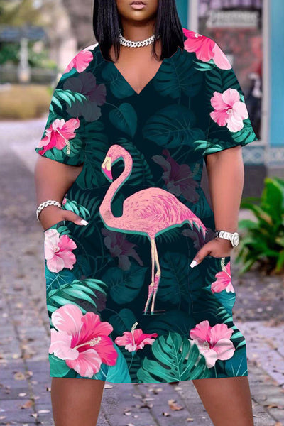 Spring/Summer Flamingos Plus Size Dress with Pockets