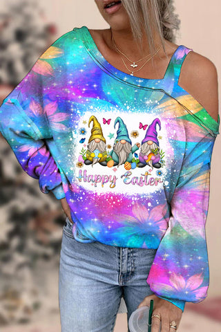 Glitter Sparkle Flowers Galaxy Sky Happy Easter Gnomes With Bunny Ears Printed Off Shoulder Blouse