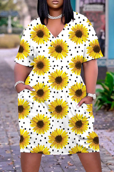 Sunflowers Polka Dot Print Plus-Size Dress With Pockets