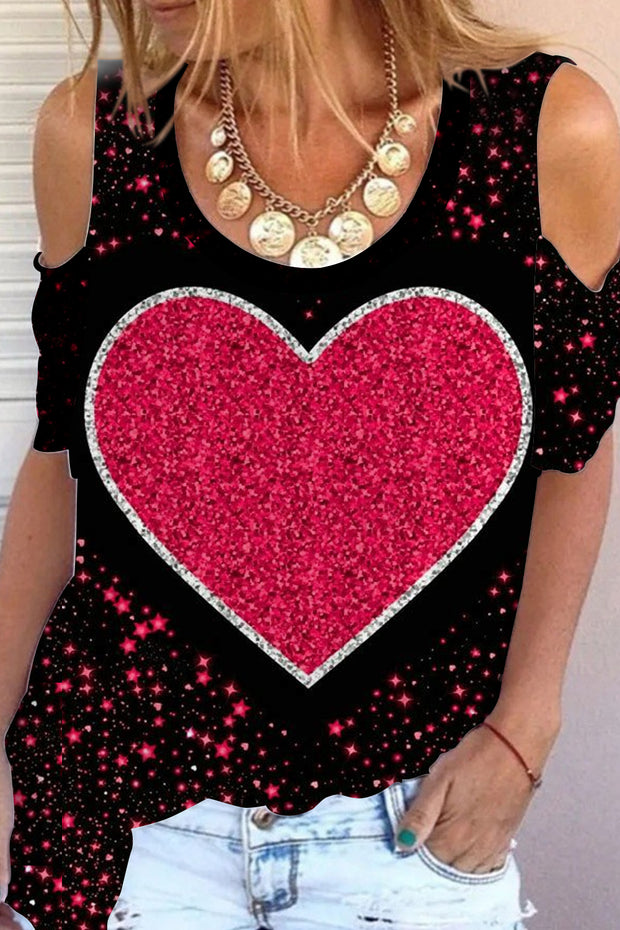 Glitter Red Heart Sparkles Print Cold Shoulder T-Shirt