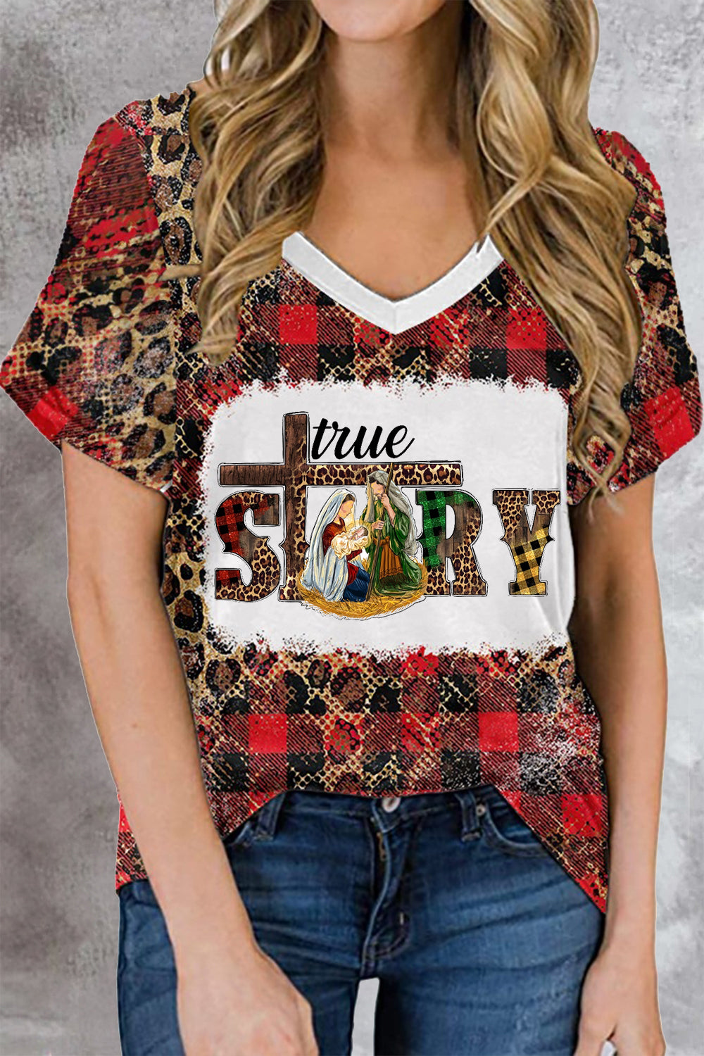 The True Story Nativity Jesus Leopard V-Neck T-Shirt