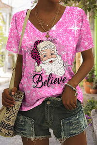 Pink Christmas Santa Print V-Neck T-Shirt
