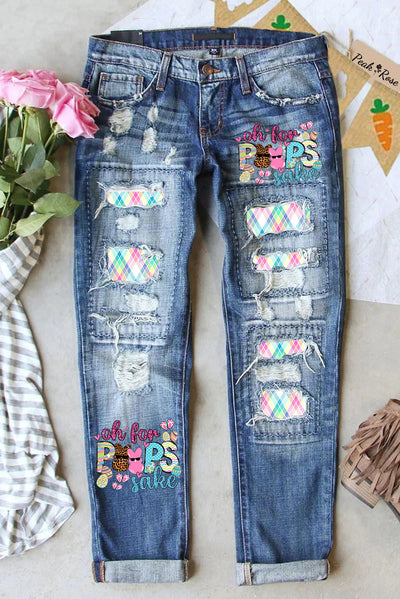 Oh For Peeps Sake Funny Easter Bunny Macarons Plaid Print Ripped Denim Jeans